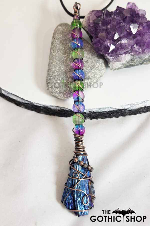 Rainbow Auro Black Kyanite Large Wire Wrapped Witchy Broomstick Pendant Necklace