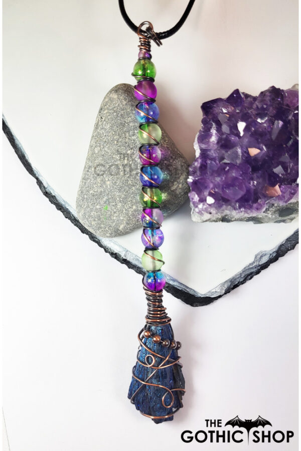 Rainbow Auro Black Kyanite Large Wire Wrapped Witchy Broomstick Pendant Necklace