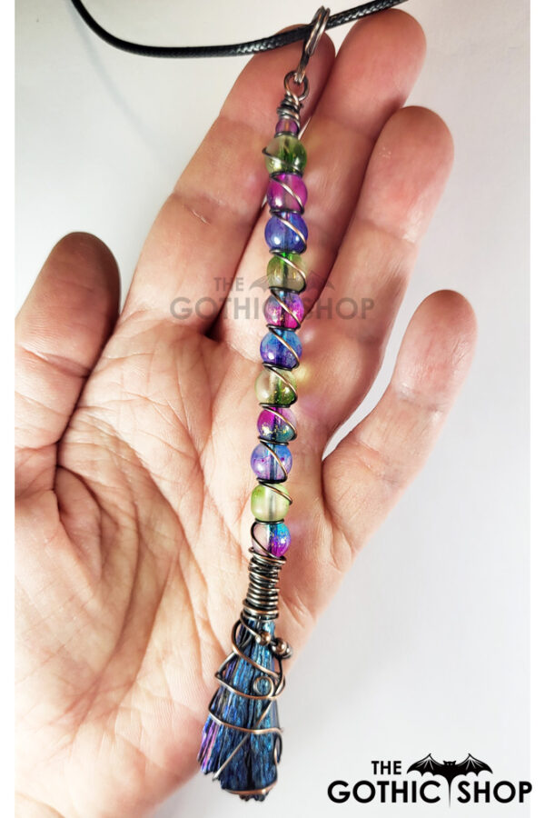 Rainbow Auro Black Kyanite Large Wire Wrapped Witchy Broomstick Pendant Necklace