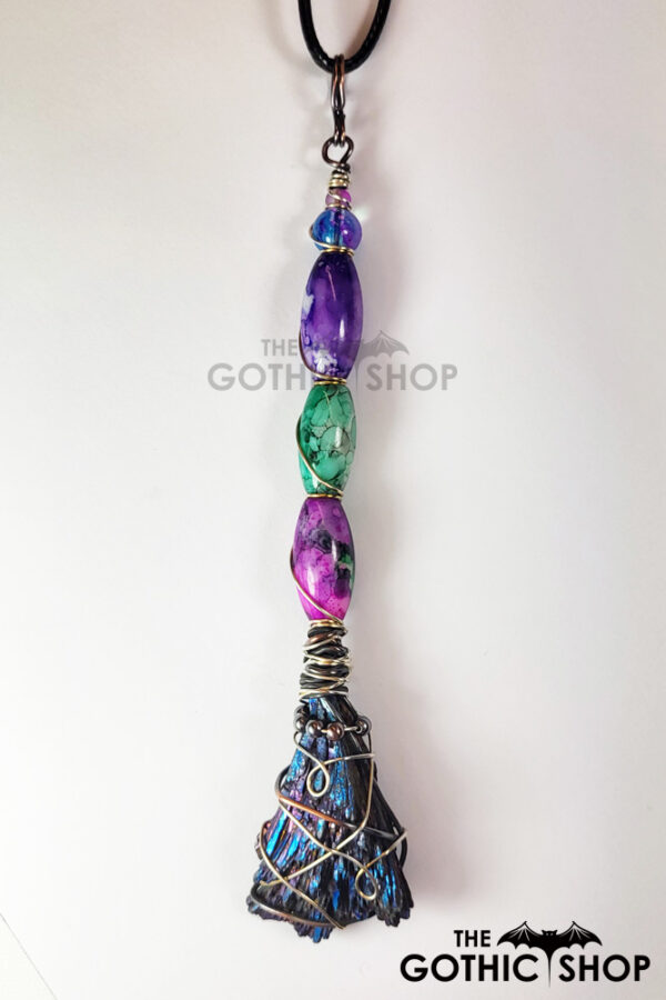 Rainbow Auro Kyanite Oval Bead Large Witchy Broomstick Pendant Necklace