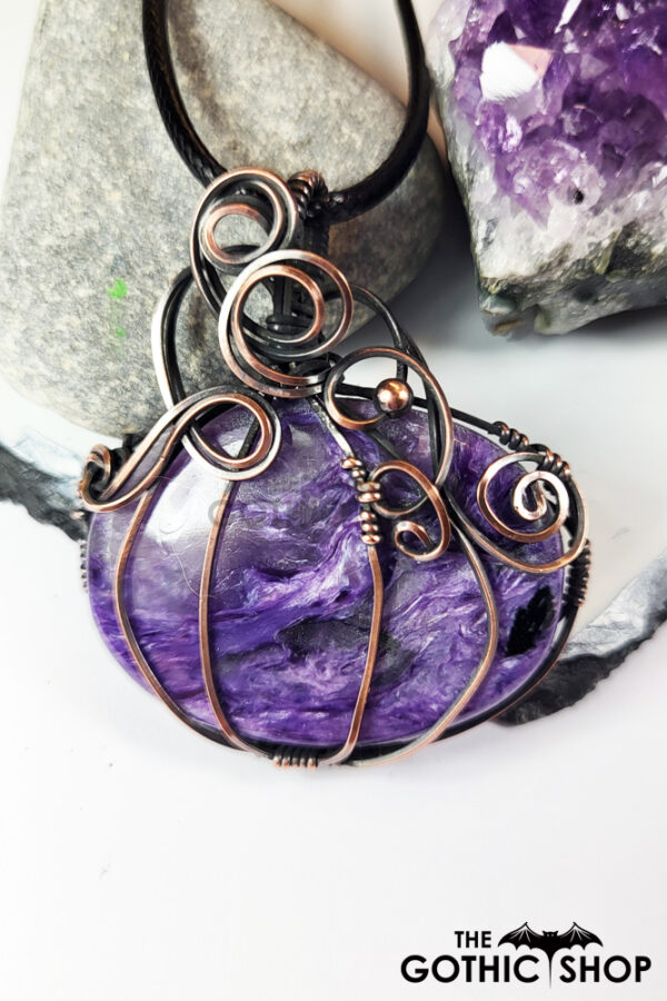 Pumpkin Wire Wrapped Purple Charoite Halloween Pendant Necklace
