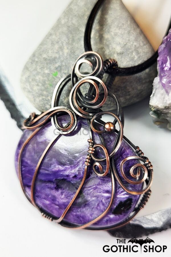 Pumpkin Wire Wrapped Purple Charoite Halloween Pendant Necklace