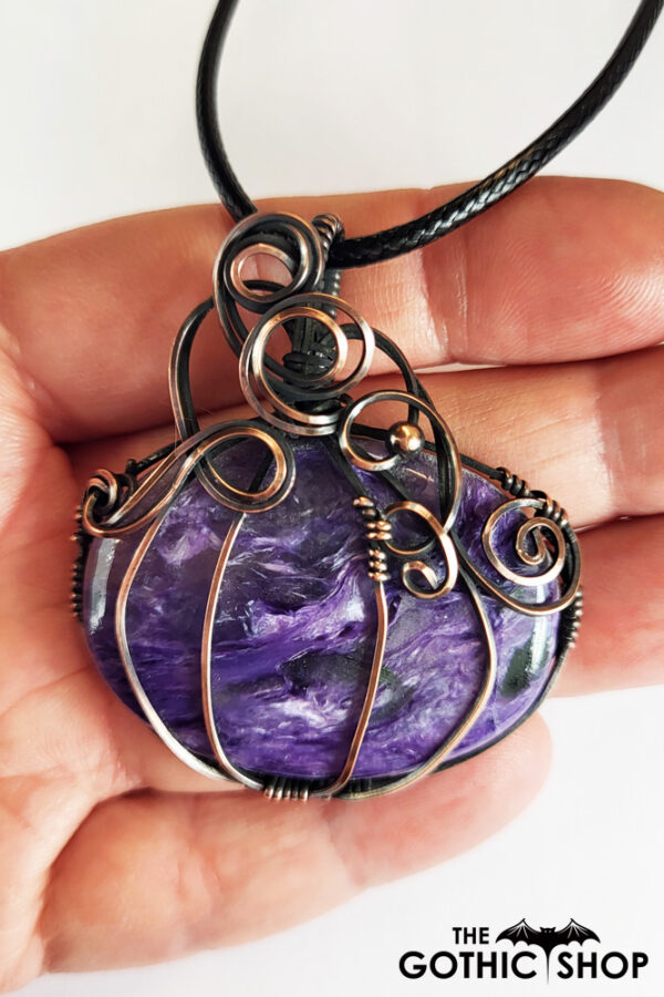 Pumpkin Wire Wrapped Purple Charoite Halloween Pendant Necklace