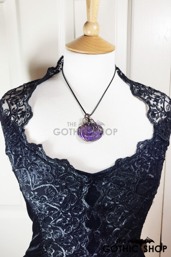 Pumpkin Wire Wrapped Purple Charoite Halloween Pendant Necklace