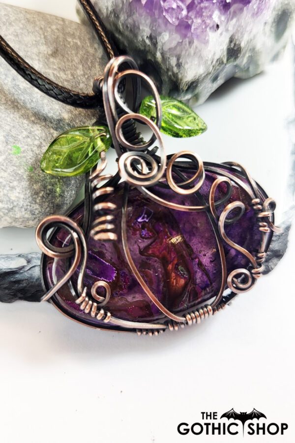 Pumpkin Wire Wrapped Purple Suji Stone Halloween Pendant Necklace