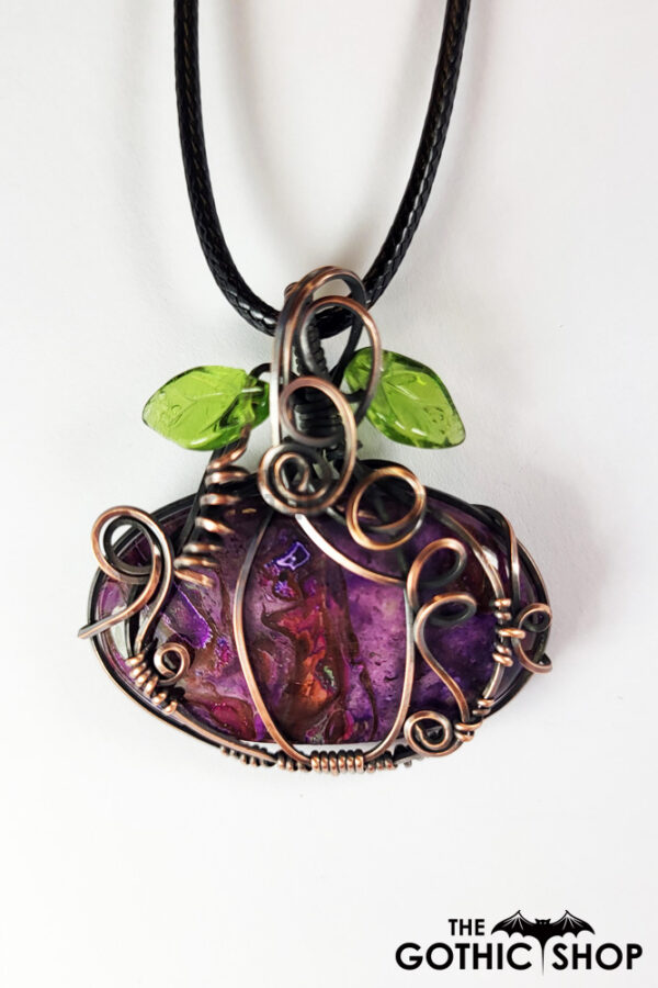 Pumpkin Wire Wrapped Purple Suji Stone Halloween Pendant Necklace