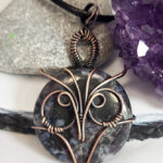 Owl Black Indigo Jasper Wire Wrapped Pendant Necklace