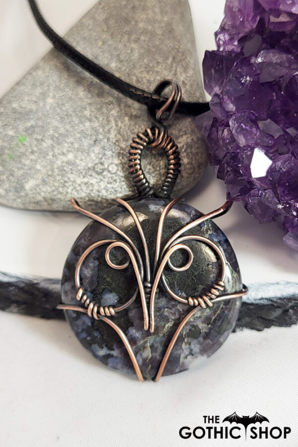 Owl Black Indigo Jasper Wire Wrapped Pendant Necklace