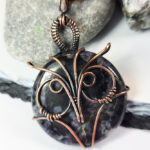 Owl Black Indigo Jasper Wire Wrapped Pendant Necklace