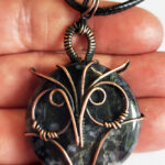Owl Black Indigo Jasper Wire Wrapped Pendant Necklace