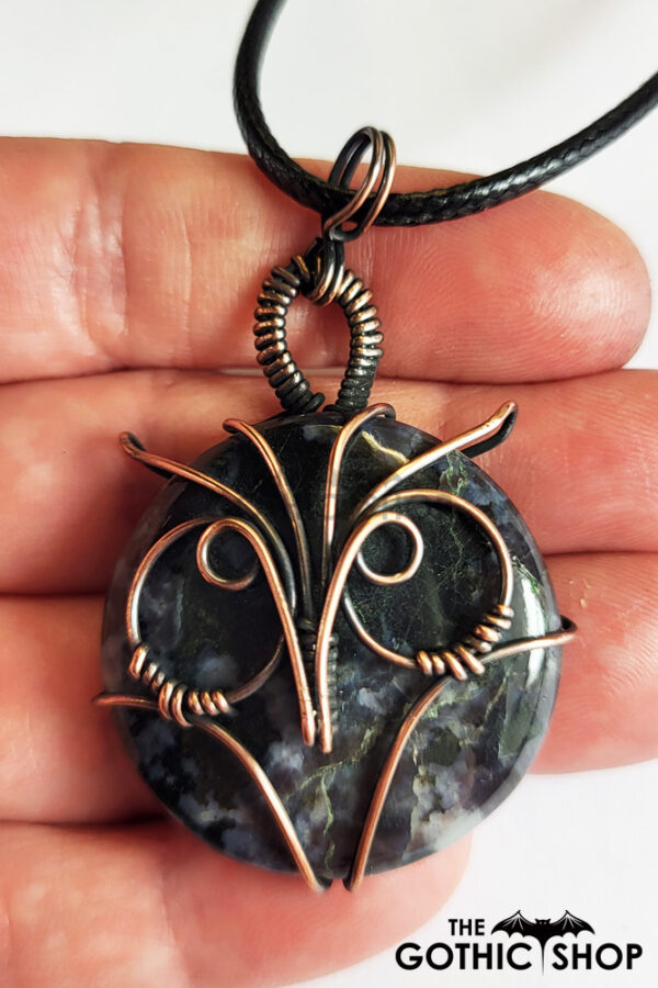 Owl Black Indigo Jasper Wire Wrapped Pendant Necklace