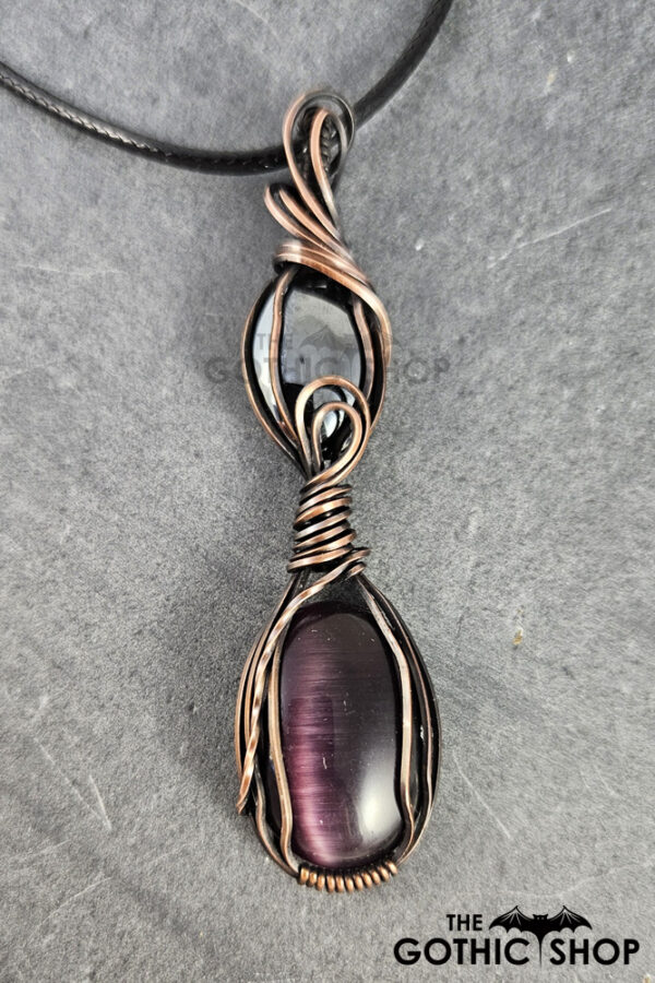 Swirls Purple Cat's Eye & Hematite Duo Gothic Pendant Necklace