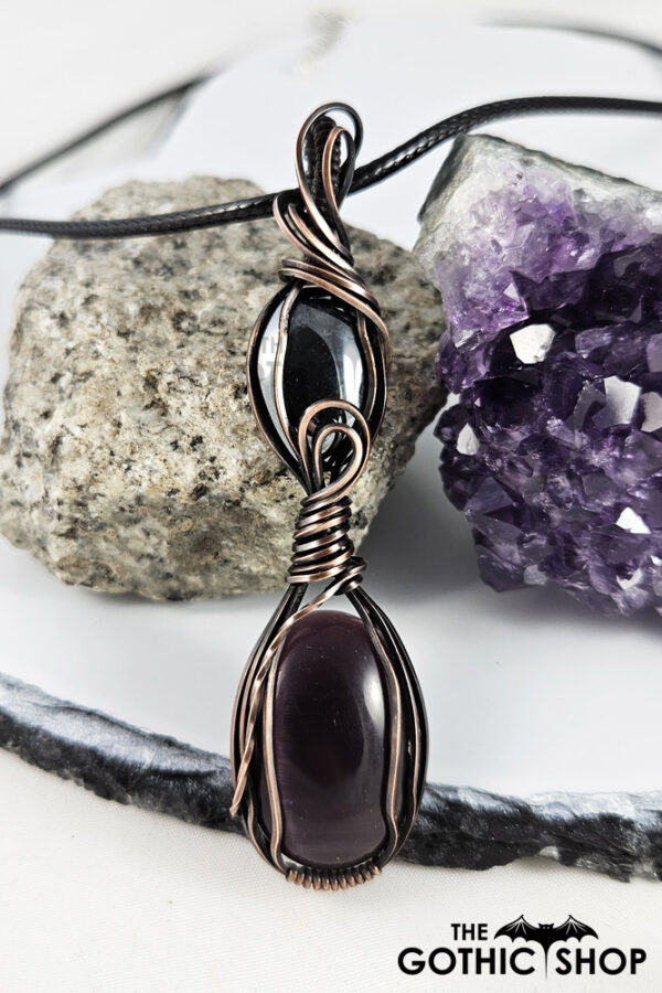 Swirls Purple Cat's Eye & Hematite Duo Gothic Pendant Necklace