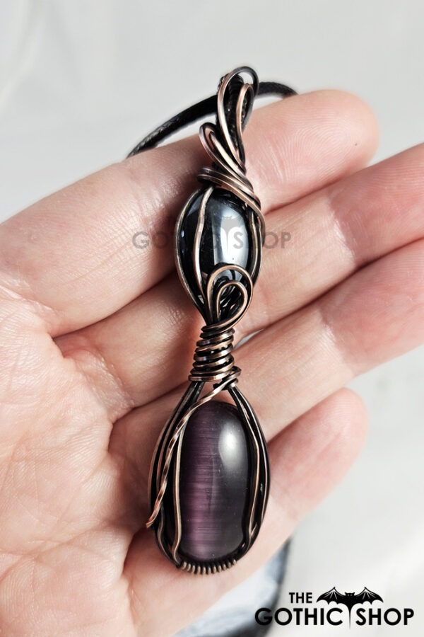 Swirls Purple Cat's Eye & Hematite Duo Gothic Pendant Necklace