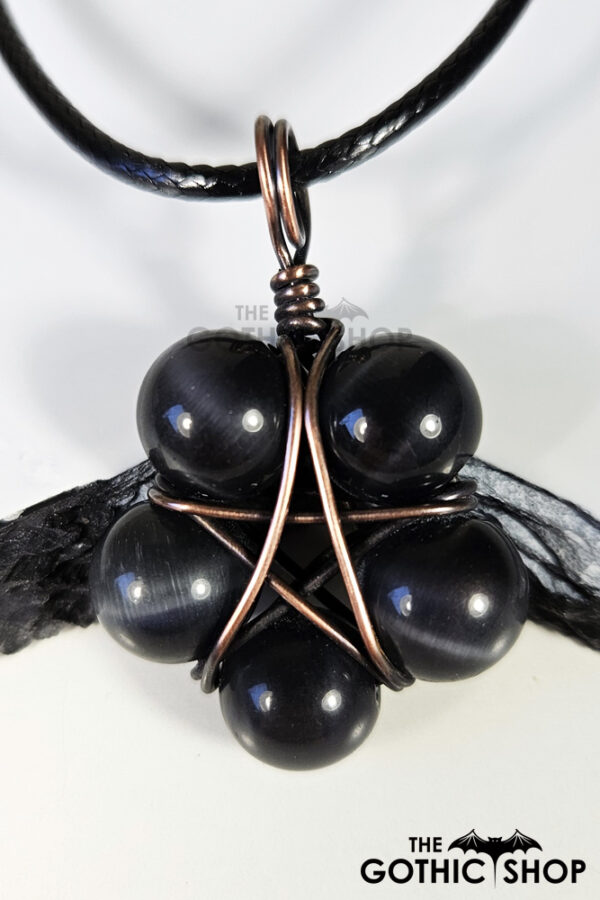 Pentagram Black Dyed Cat's Eye Beads Antique Copper Wire Wrapped Pendant Necklace