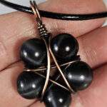 Pentagram Black Dyed Cat's Eye Beads Antique Copper Wire Wrapped Pendant Necklace