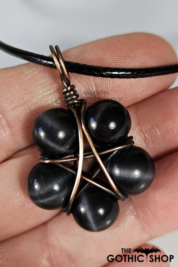 Pentagram Black Dyed Cat's Eye Beads Antique Copper Wire Wrapped Pendant Necklace