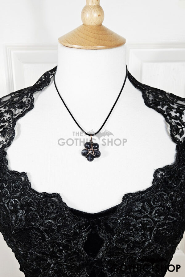 Pentagram Black Dyed Cat's Eye Beads Antique Copper Wire Wrapped Pendant Necklace