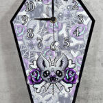 Rosita Bat Purple Rose Cobwebs Coffin Shaped Metal Gothic Clock