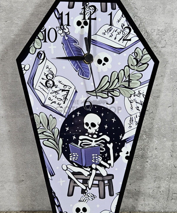 Skeleton Reading Lilac Purple Coffin Shaped Metal Gothic Clock