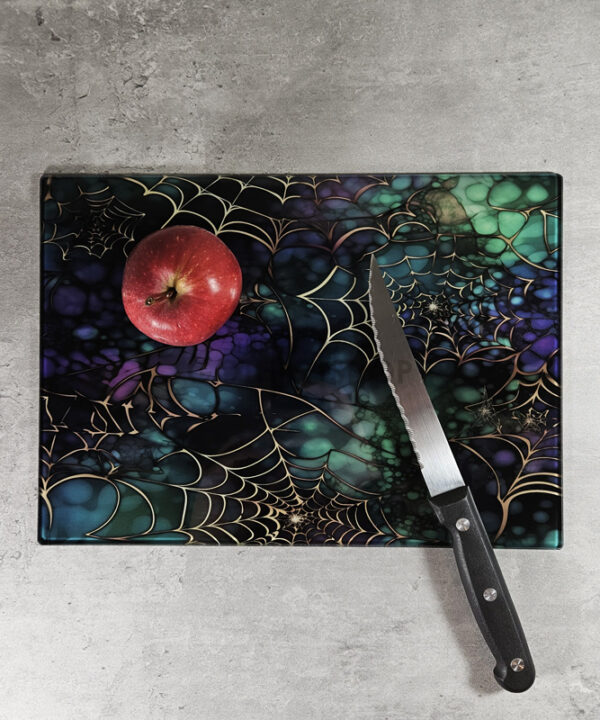 Cobweb Tie Dye Green Purple Gothic Print Glass Chopping Board
