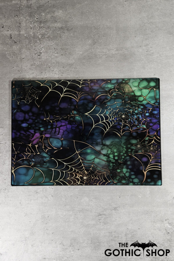 Cobweb Tie Dye Green Purple Gothic Print Glass Chopping Board