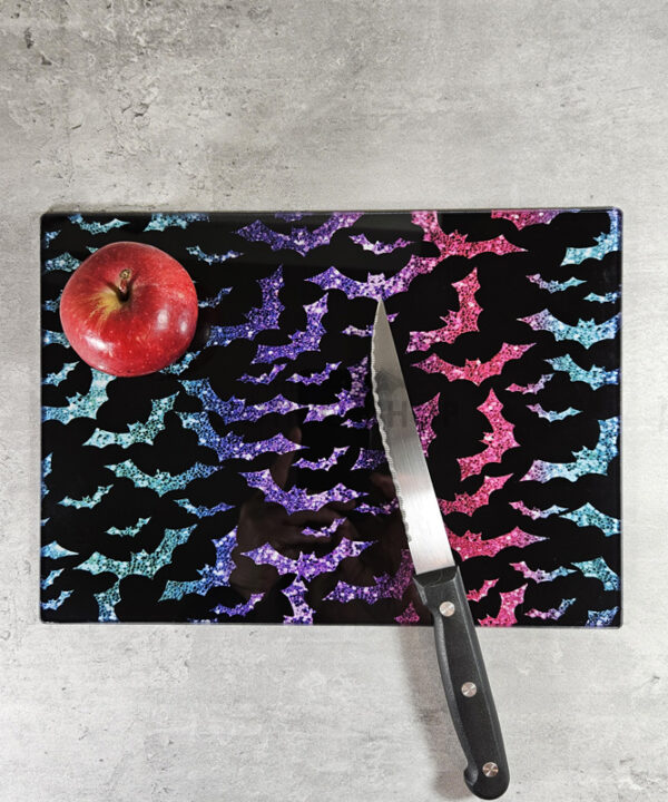 Glitter Bats Gothic Print Glass Chopping Board