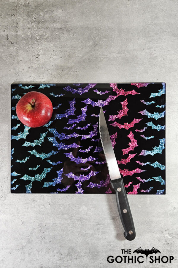 Glitter Bats Gothic Print Glass Chopping Board