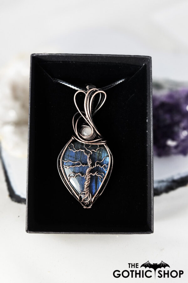 Tree of Life Wire Wrapped Blue Labradorite & Moonstone Antiqued Pendant Necklace