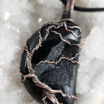 Tree of Life Wire Wrapped Black Druzy Half Moon Antiqued Pendant Necklace