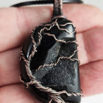 Tree of Life Wire Wrapped Black Druzy Half Moon Antiqued Pendant Necklace