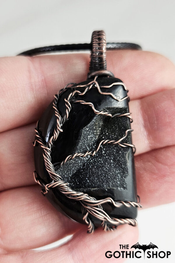 Tree of Life Wire Wrapped Black Druzy Half Moon Antiqued Pendant Necklace