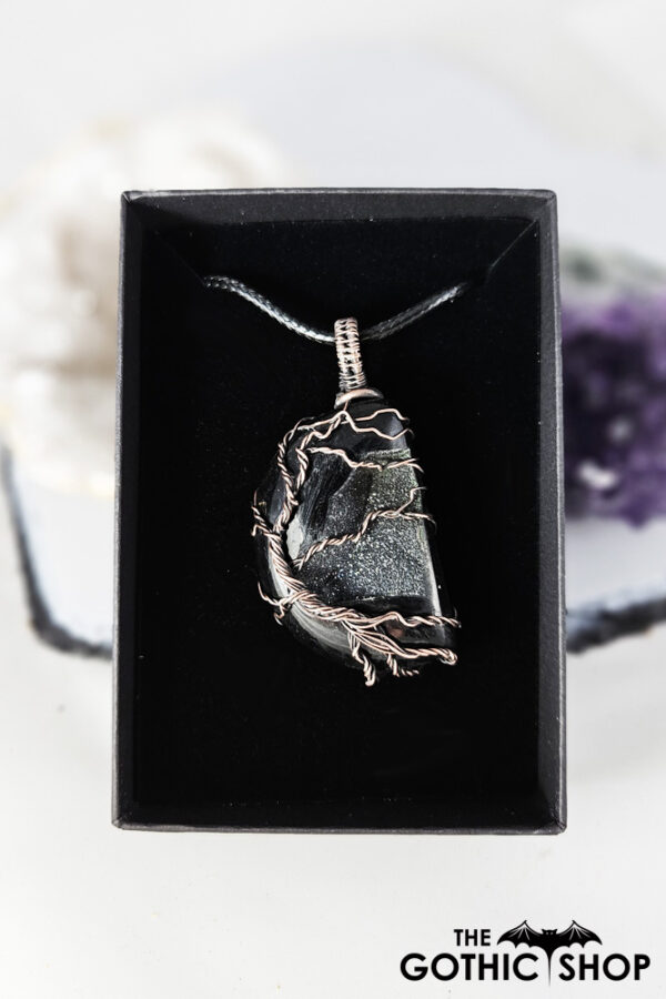 Tree of Life Wire Wrapped Black Druzy Half Moon Antiqued Pendant Necklace