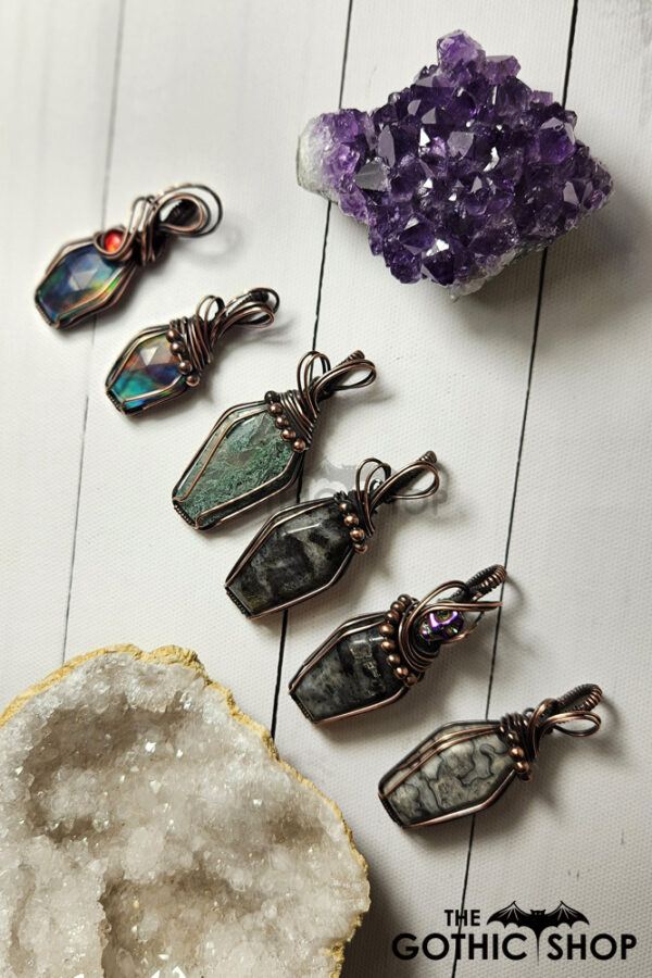 Coffin Swirls & Beads Antiqued Copper Gothic Pendant Necklace