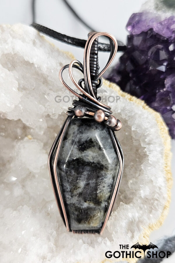 Coffin Larvikite Swirls & Beads Antiqued Copper Gothic Pendant Necklace