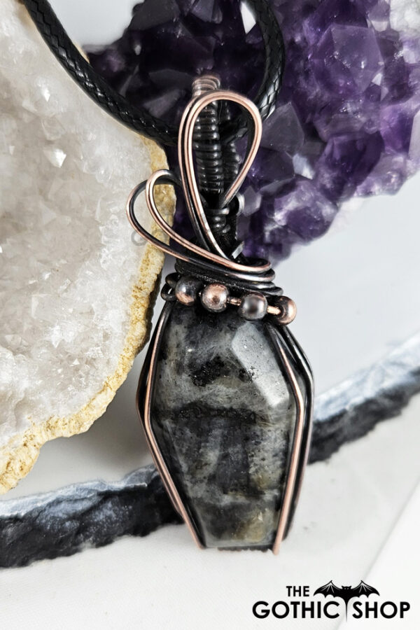 Coffin Larvikite Swirls & Beads Antiqued Copper Gothic Pendant Necklace