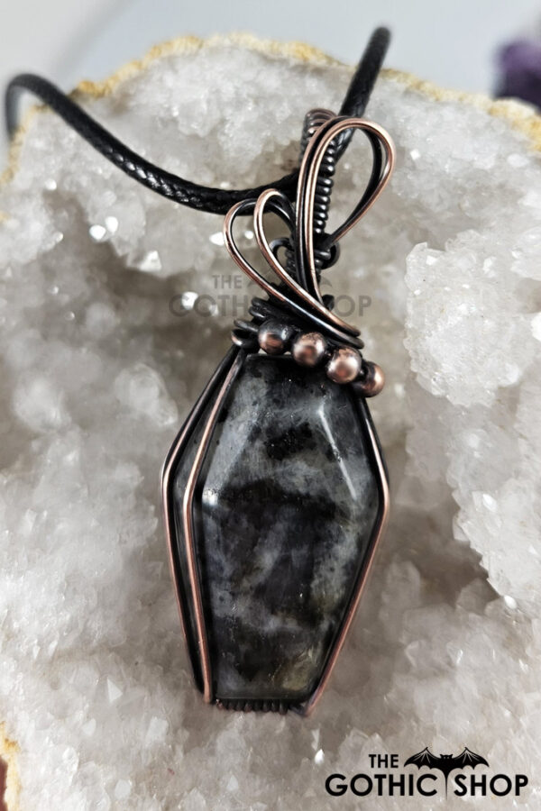 Coffin Larvikite Swirls & Beads Antiqued Copper Gothic Pendant Necklace