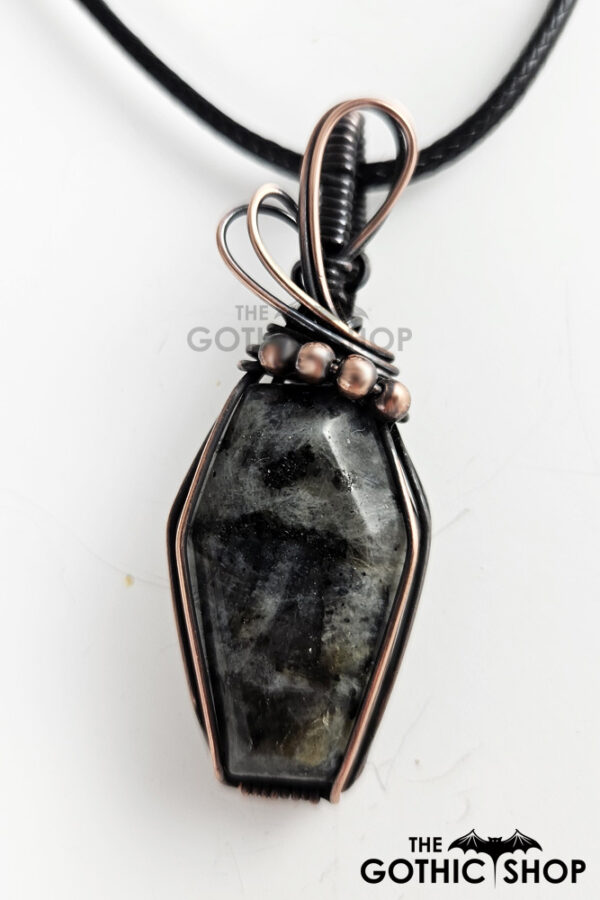 Coffin Larvikite Swirls & Beads Antiqued Copper Gothic Pendant Necklace