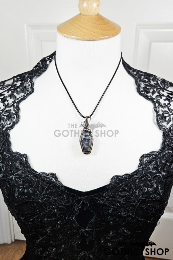 Coffin Larvikite Swirls & Beads Antiqued Copper Gothic Pendant Necklace