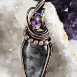 Coffin Larvikite & Skull Swirls & Beads Antiqued Copper Gothic Pendant Necklace