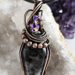 Coffin Larvikite & Skull Swirls & Beads Antiqued Copper Gothic Pendant Necklace