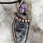 Coffin Larvikite & Skull Swirls & Beads Antiqued Copper Gothic Pendant Necklace