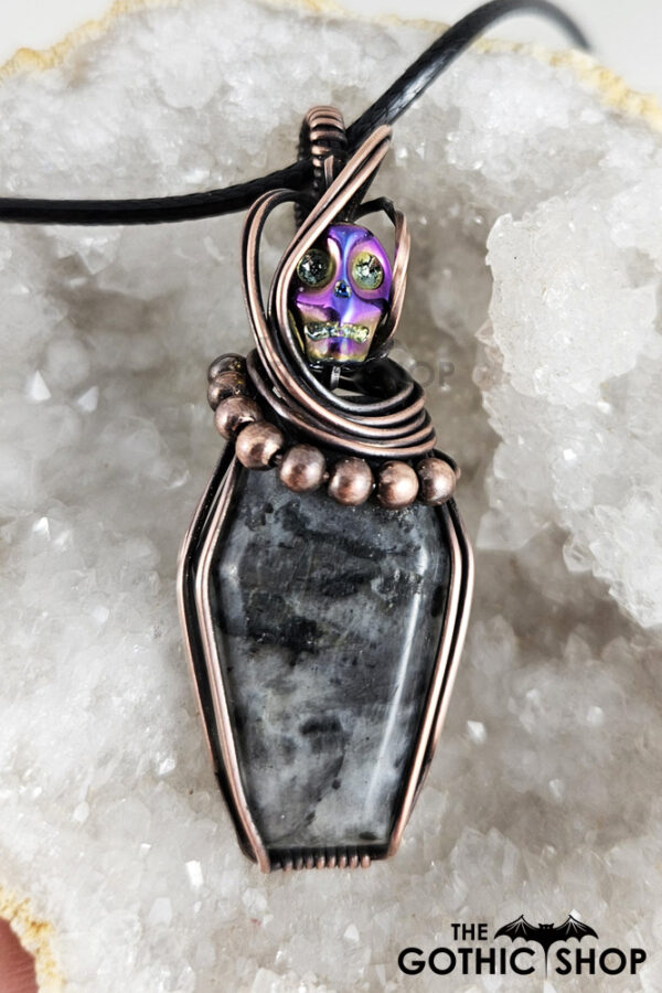 Coffin Larvikite & Skull Swirls & Beads Antiqued Copper Gothic Pendant Necklace
