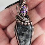 Coffin Larvikite & Skull Swirls & Beads Antiqued Copper Gothic Pendant Necklace