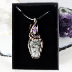 Coffin Larvikite & Skull Swirls & Beads Antiqued Copper Gothic Pendant Necklace