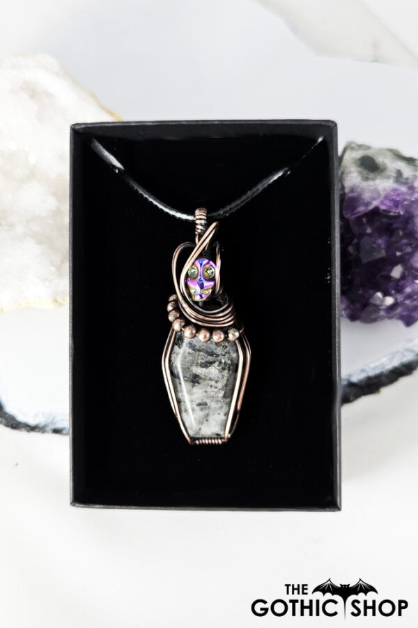 Coffin Larvikite & Skull Swirls & Beads Antiqued Copper Gothic Pendant Necklace