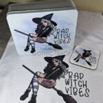Bad Witch Vibes White Large Gothic Rectangular Tin, tea towel and coaster