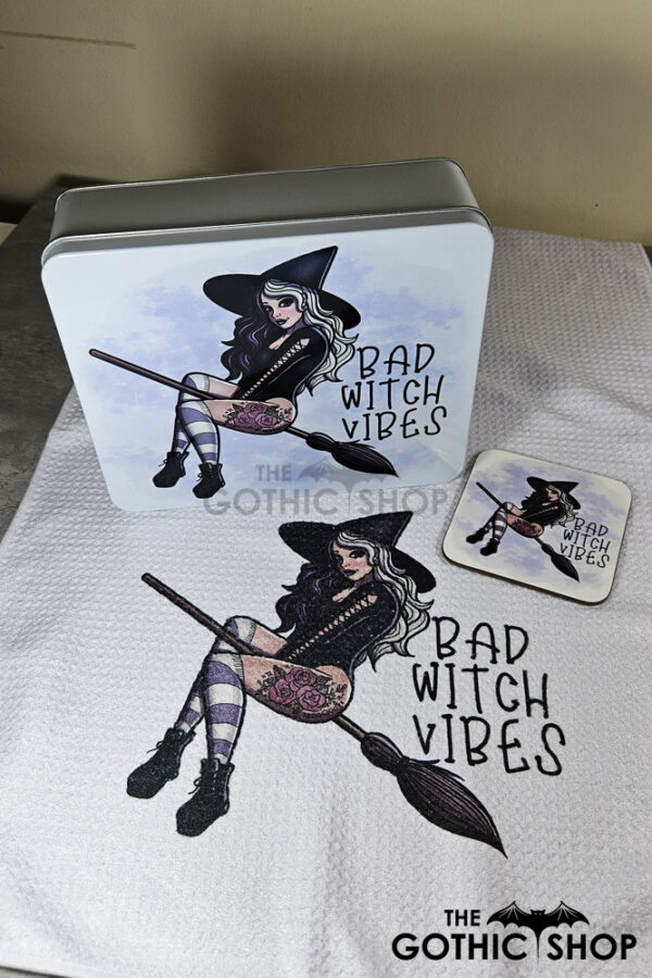 Bad Witch Vibes White Large Gothic Rectangular Tin, tea towel and coaster