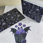 Bat Cupcakes & Croissants White Large Gothic Rectangular Tin, chopping board and tea towel