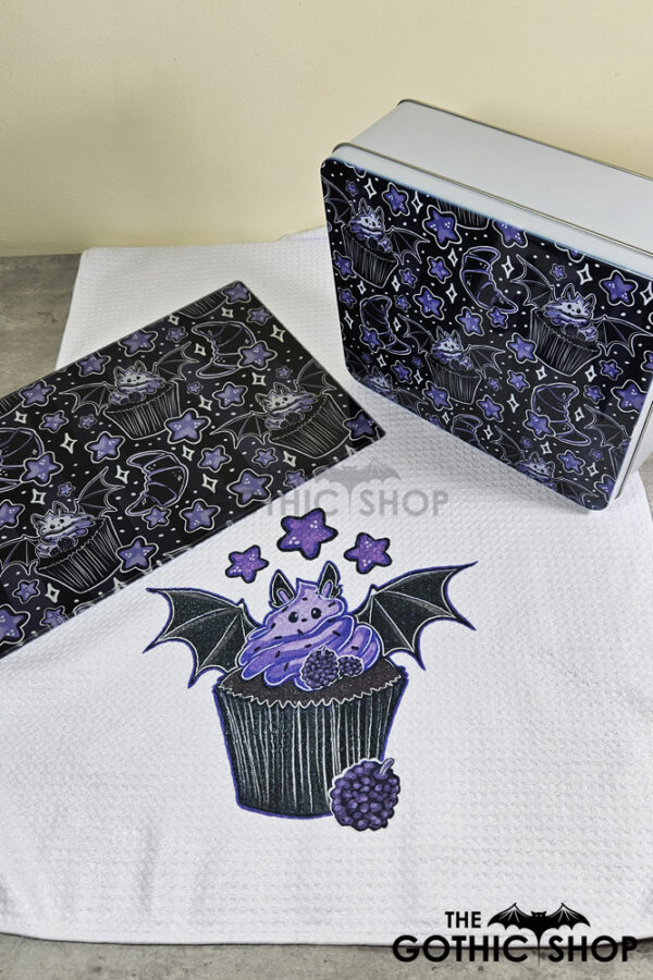 Bat Cupcakes & Croissants White Large Gothic Rectangular Tin, chopping board and tea towel